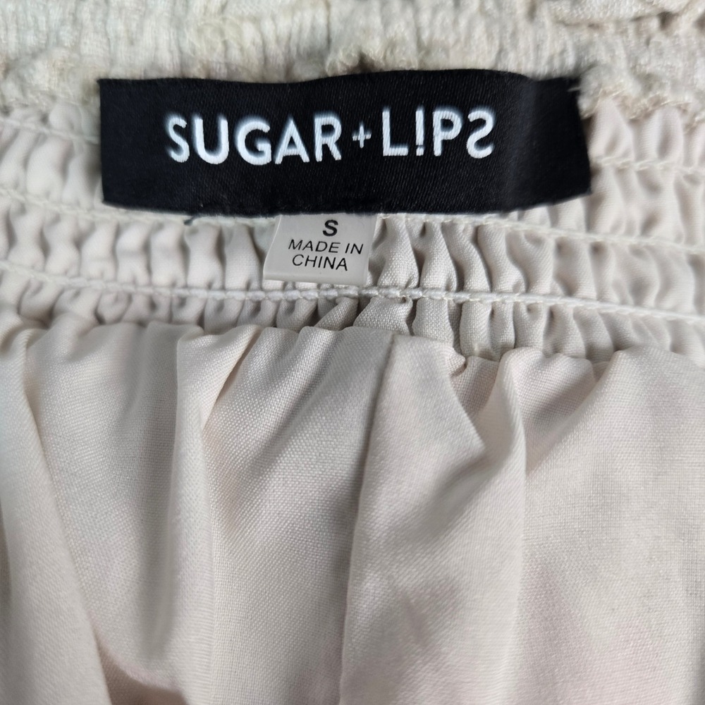SUGAR+LIPS Off Shoulder Smocked Puff Sleeve Linen Blend Lined Dress Beige Size S - Picture 8 of 8